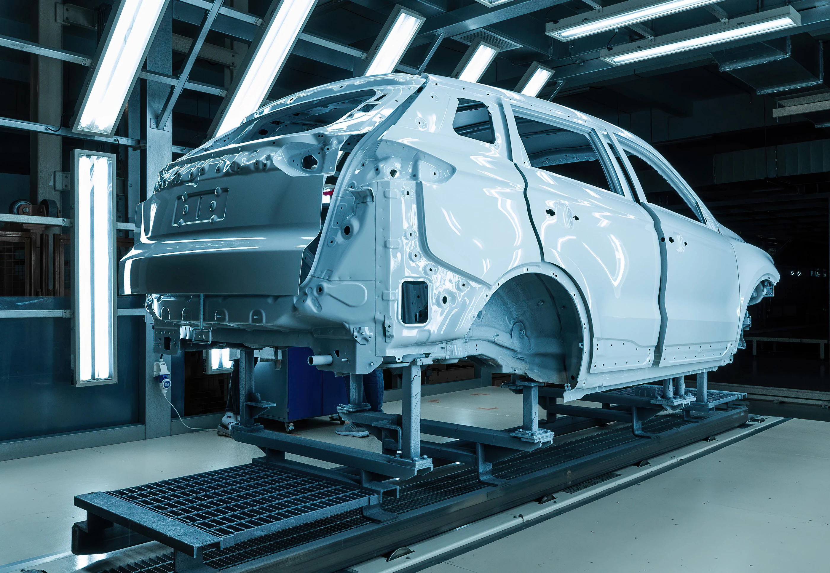 car body at the inspection stand, high-tech production of electric cars.